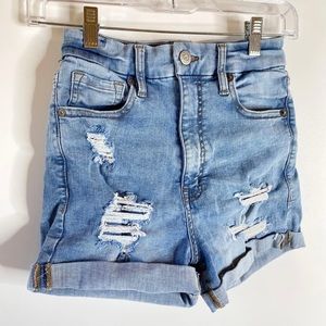Aeropostale Juniors Super High Rise Curvy Midi Shorts Sz 4 Light Wash Distressed
